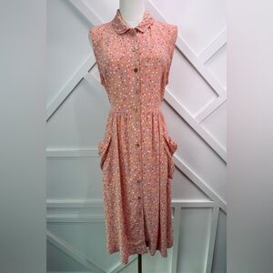 April Cornell Happy Dot Porch Dress Pink Size Large Button Front Waist Tie